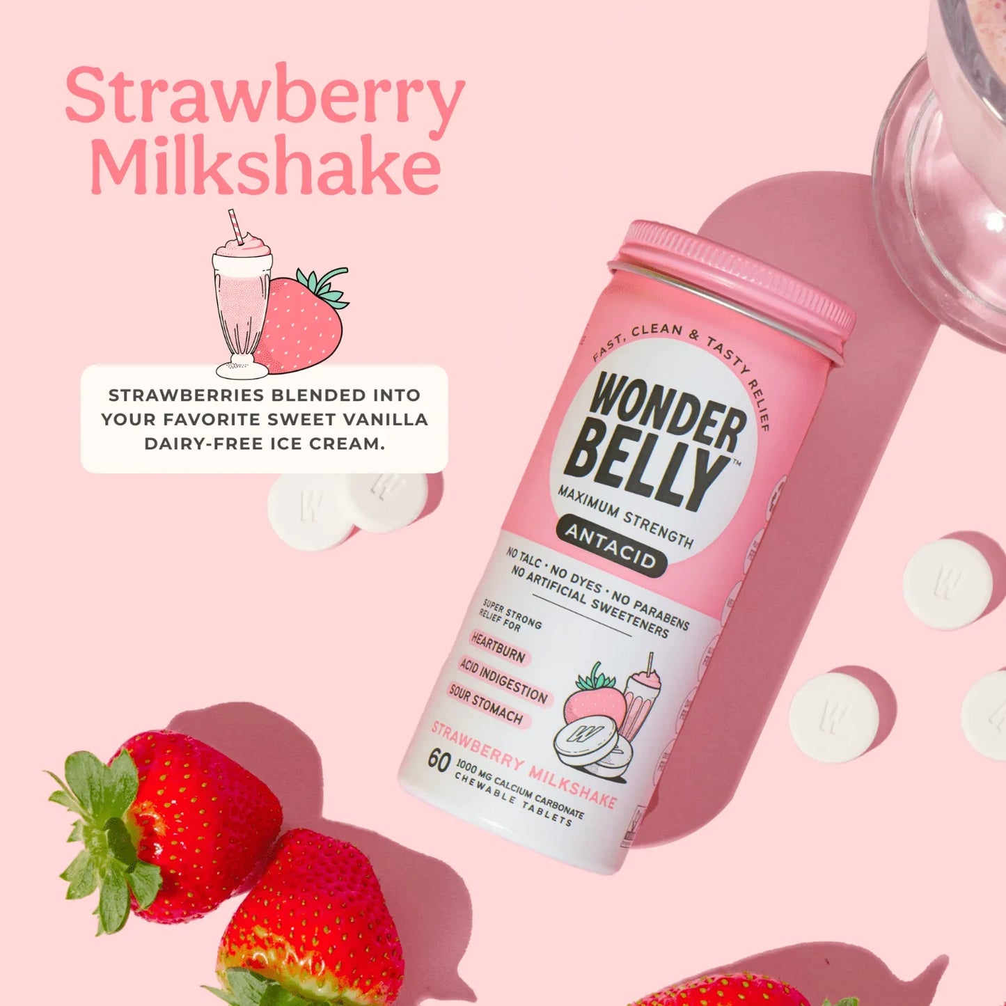 Wonderbelly Antacid Chewable Tablets – Heartburn Relief, Strawberry, 60ct - Exotic Pro