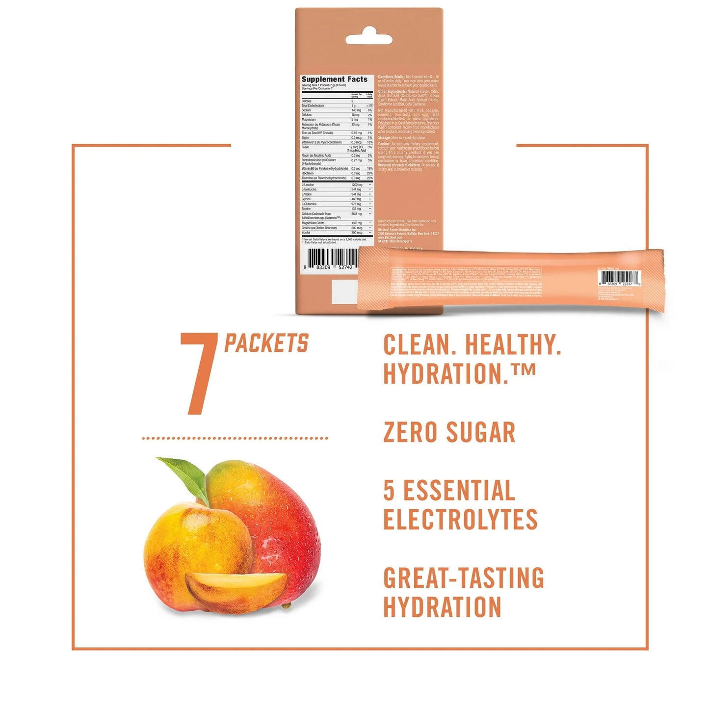 BioSteel Hydration Mix, Sugar-Free with Essential Electrolytes, Peach Mango, 7 Single Serving Packets - Exotic Pro