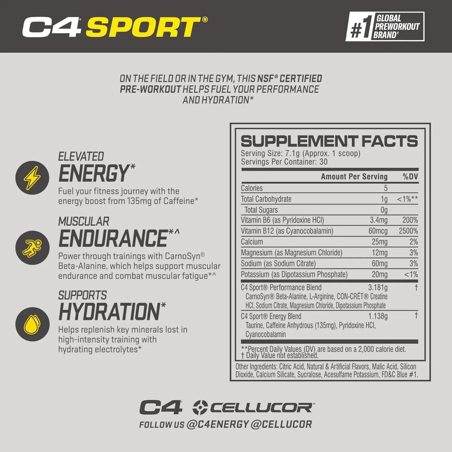 Cellucor C4 Sport Pre-Workout Powder, NSF Certified, Blue Raspberry, 30 Servings - Exotic Pro