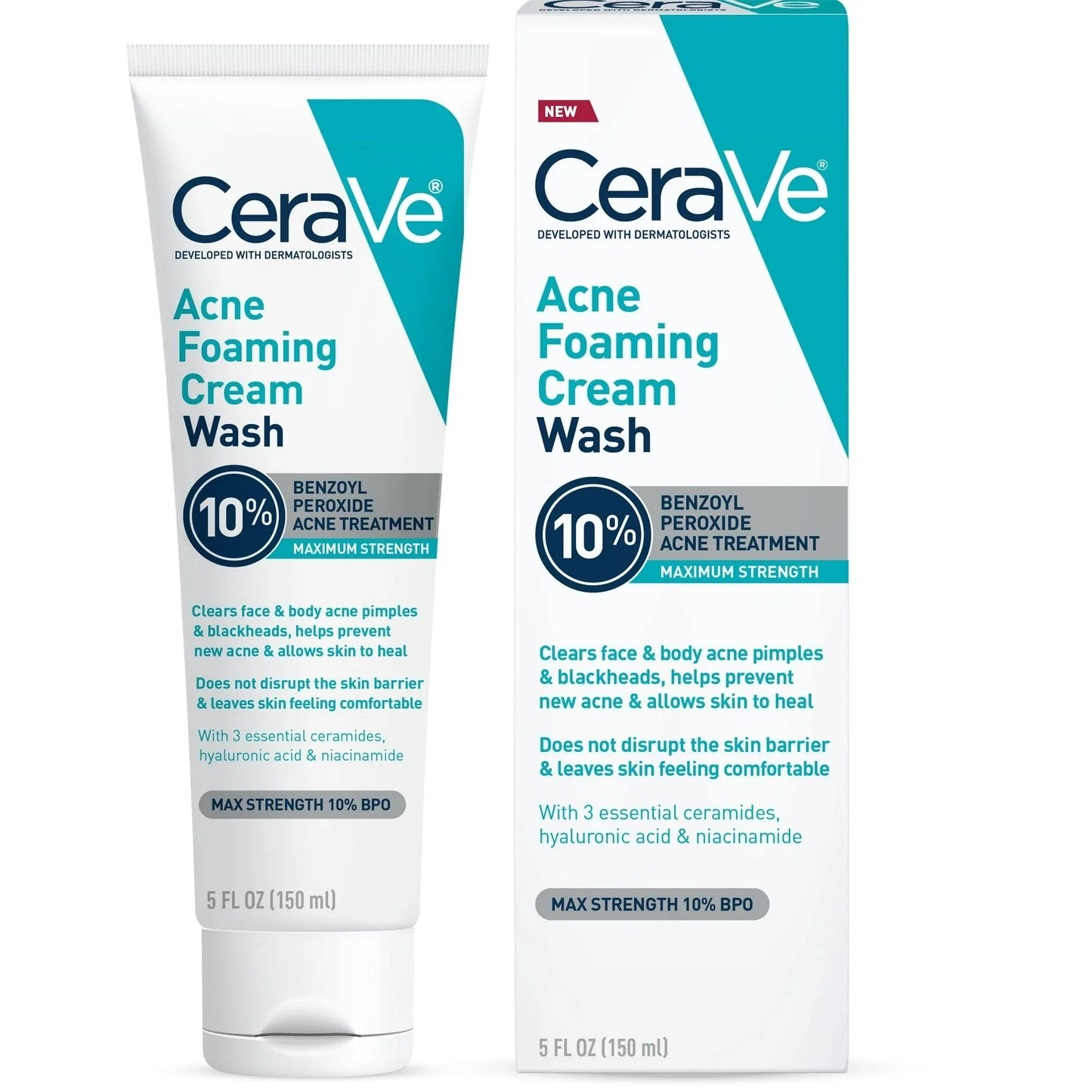 Cerave Acne Foaming Cream Wash - Face and Body Acne Wash with 10% Maximum Strength Benzoyl Peroxide - Fragrance Free - 5 Oz - Exotic Pro