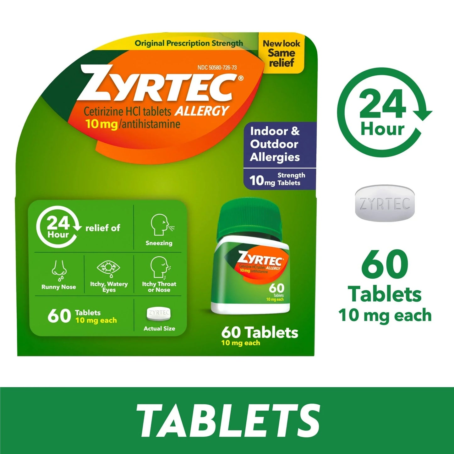 Zyrtec 24 Hour Allergy Relief Tablets, 10mg Cetirizine HCl, 60 Count - Exotic Pro
