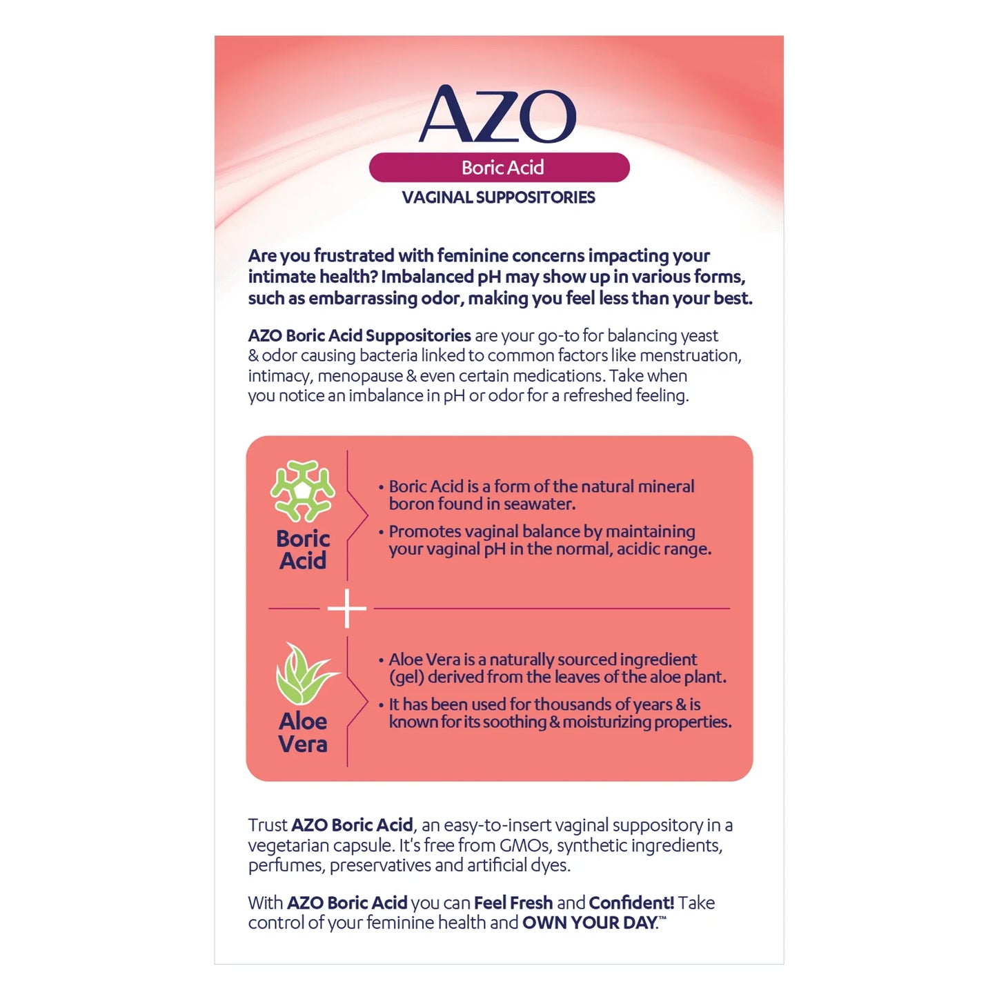 AZO Boric Acid Vaginal Suppositories for Odor Control, 30 Ct, HSA/FSA Eligible - Exotic Pro