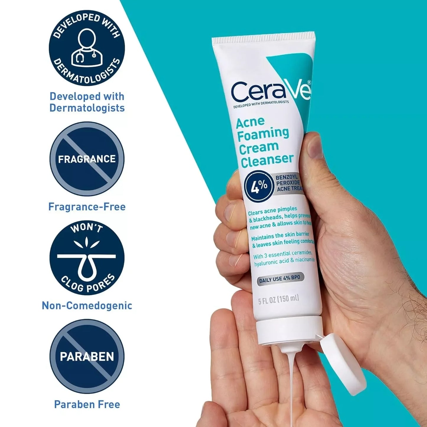CeraVe Acne Foaming Cream Cleanser | Acne Treatment Face Wash with 4% Benzoyl Peroxide and Niacinamide | 5 fl oz - Exotic Pro