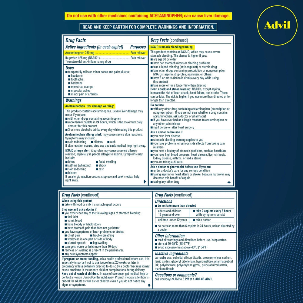 Advil Dual Action Caplets – Ibuprofen & Acetaminophen Pain Relief, 72 Ct - Exotic Pro