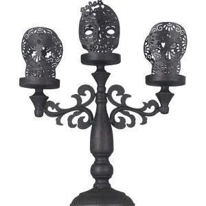 Spooky Village Skull Metal Candle Holder, 16-Inch Halloween Decor - Exotic Pro