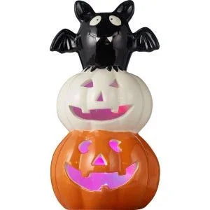 Spooky Village Light-Up Stacked Ceramic Pumpkins with Bat – Halloween Decor - Exotic Pro