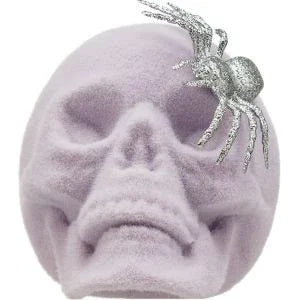 Spooky Village Flocked Skull with Glitter Spider – Halloween Decor, 8in - Exotic Pro