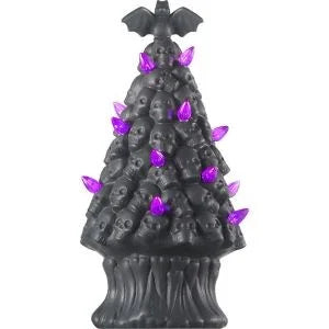 Spooky Village 10" Black Skull Tree with Lights – Halloween Tabletop Decor - Exotic Pro