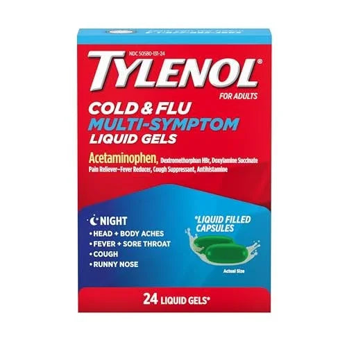Tylenol Cold + Flu Nighttime Liquid Gels, Multi-Symptom Relief – 24 Ct - Exotic Pro