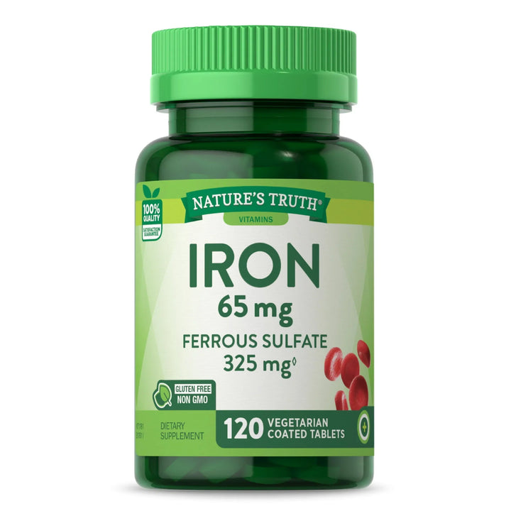 Iron Ferrous Sulfate 65mg | 120 Vegetarian Tablets | Non-GMO and Gluten Free Supplement | By Nature&