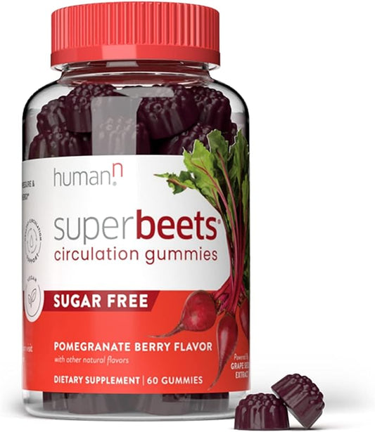 humanN SuperBeets Circulation Gummies - Heart-Healthy Energy, Grape Seed Extract &amp; Beet Root Powder - Pomegranate Berry Flavor, 60 Count