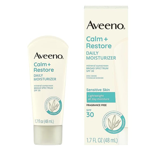 Aveeno Calm + Restore Daily Moisturizer Mineral Sunscreen with Broad Spectrum SPF 30, Lightweight All Day Moisture + UVA/UVB Sun Protection for Sensitive Skin, Fragrance Free, 1.7 fl. Oz