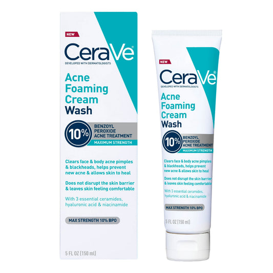 CeraVe Acne Foaming Cream Wash with 10% Benzoyl Peroxide for Face & Body, 5 oz