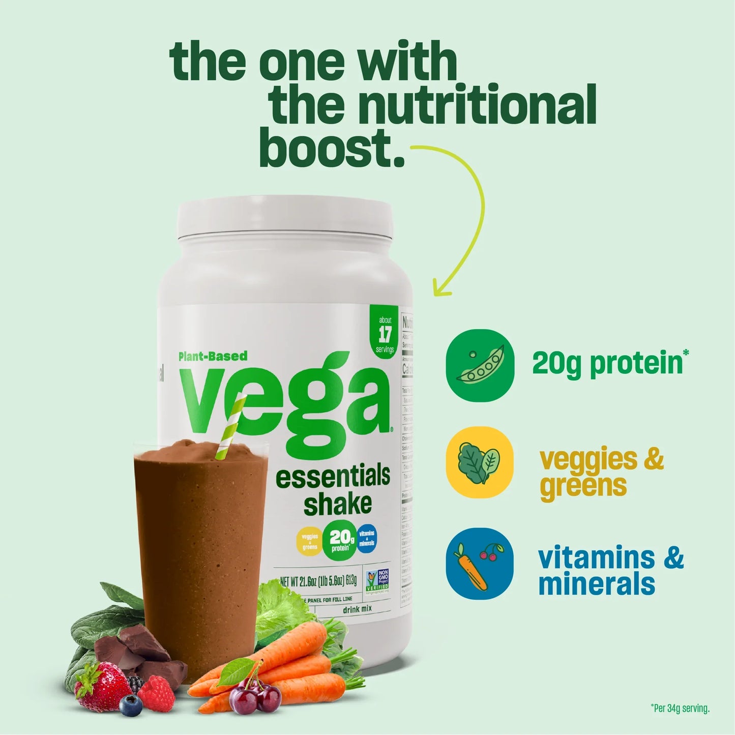 Vega Essentials Shake Plant Based Protein Powder, Vanilla, 18 Servings (21.9oz) - Exotic Pro