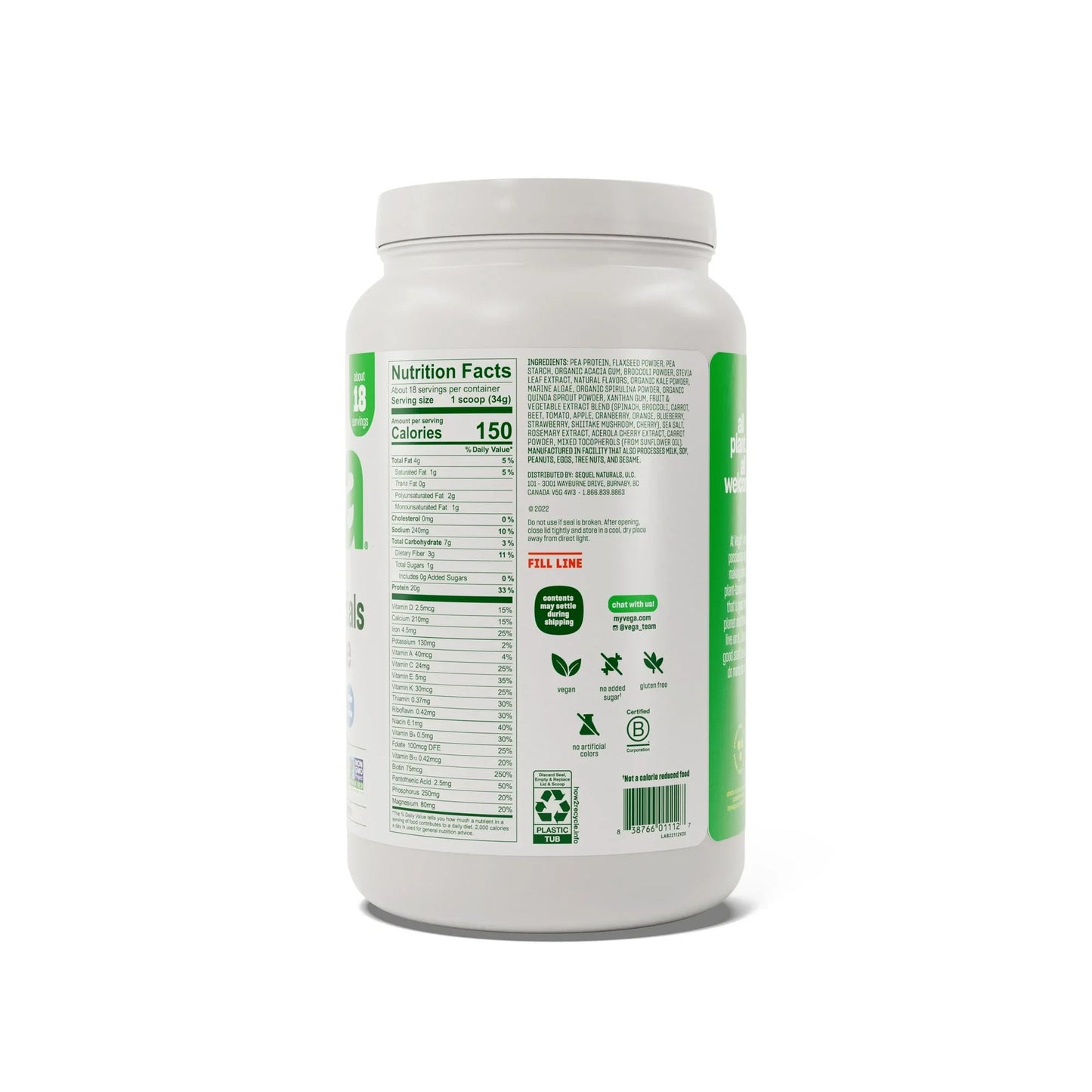 Vega Essentials Shake Plant Based Protein Powder, Vanilla, 18 Servings (21.9oz) - Exotic Pro