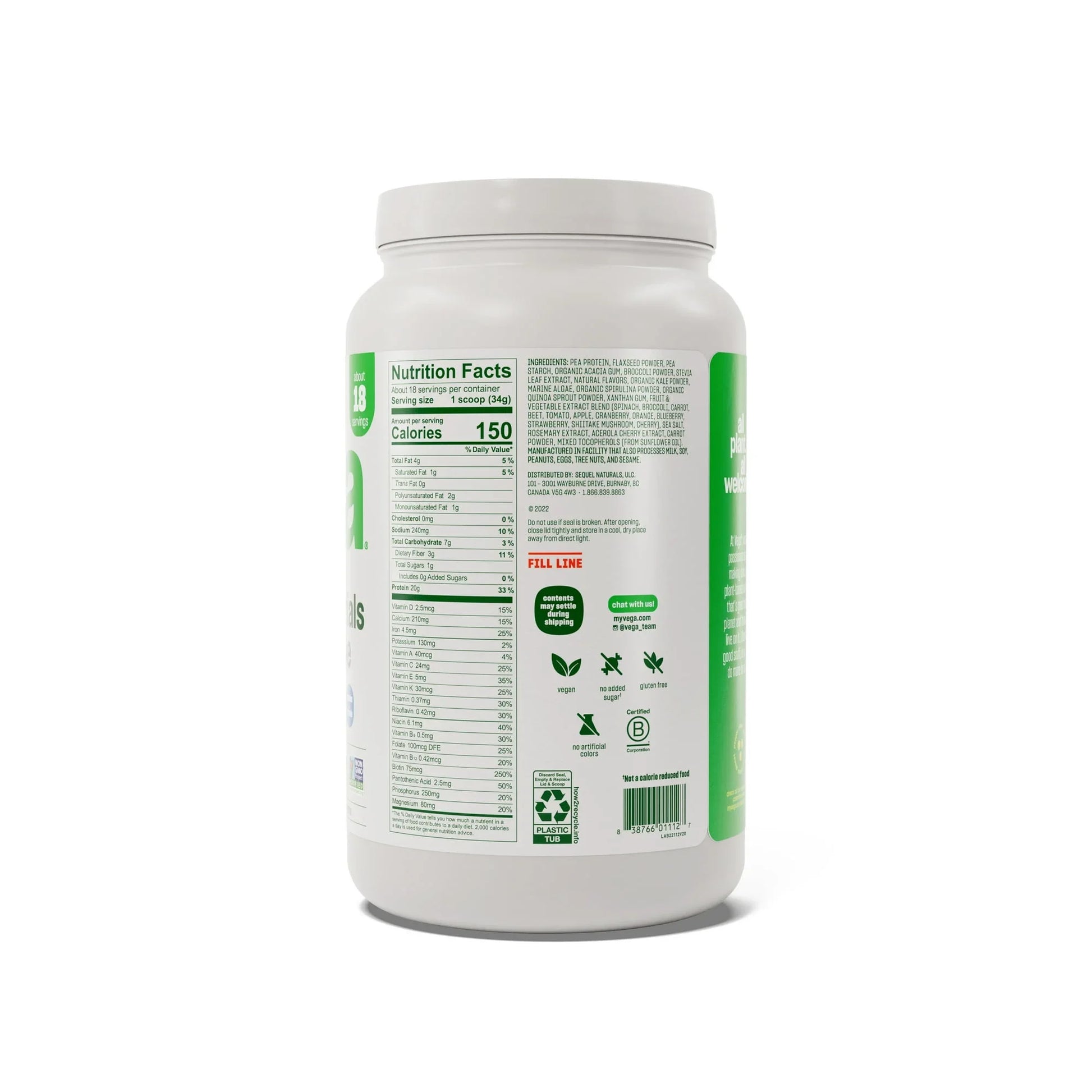Vega Essentials Shake Plant Based Protein Powder, Vanilla, 18 Servings (21.9oz) - Exotic Pro