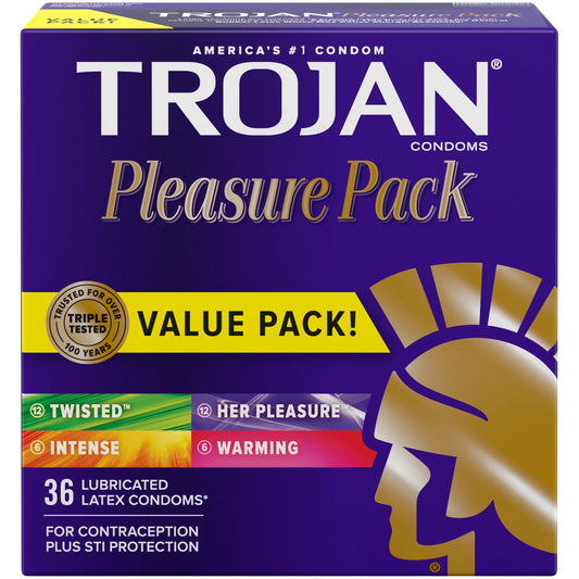 TROJAN Pleasure Pack Assorted Condoms, Lubricated Condoms Value Pack, 36 Count - Exotic Pro