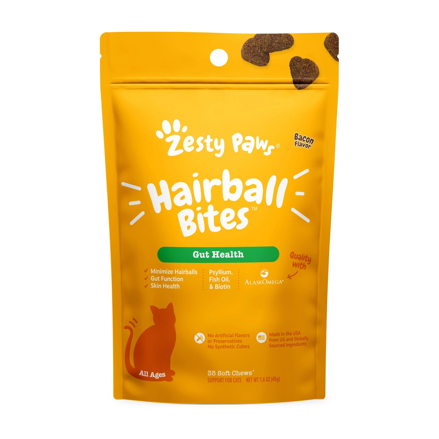 Zesty Paws Hairball Bites Gut Health Bacon Flavor, 35 Chews - Exotic Pro