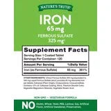 Iron Ferrous Sulfate 65mg | 120 Vegetarian Tablets | Non-GMO and Gluten Free Supplement | By Nature&
