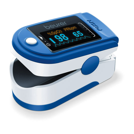 Beurer PO50 Fingertip Pulse Oximeter, Blood Oxygen Saturation & Heart Rate Monitor, 4 Colored Graphic Display Formats, Extra-Small & Light, Strap & Batteries Included