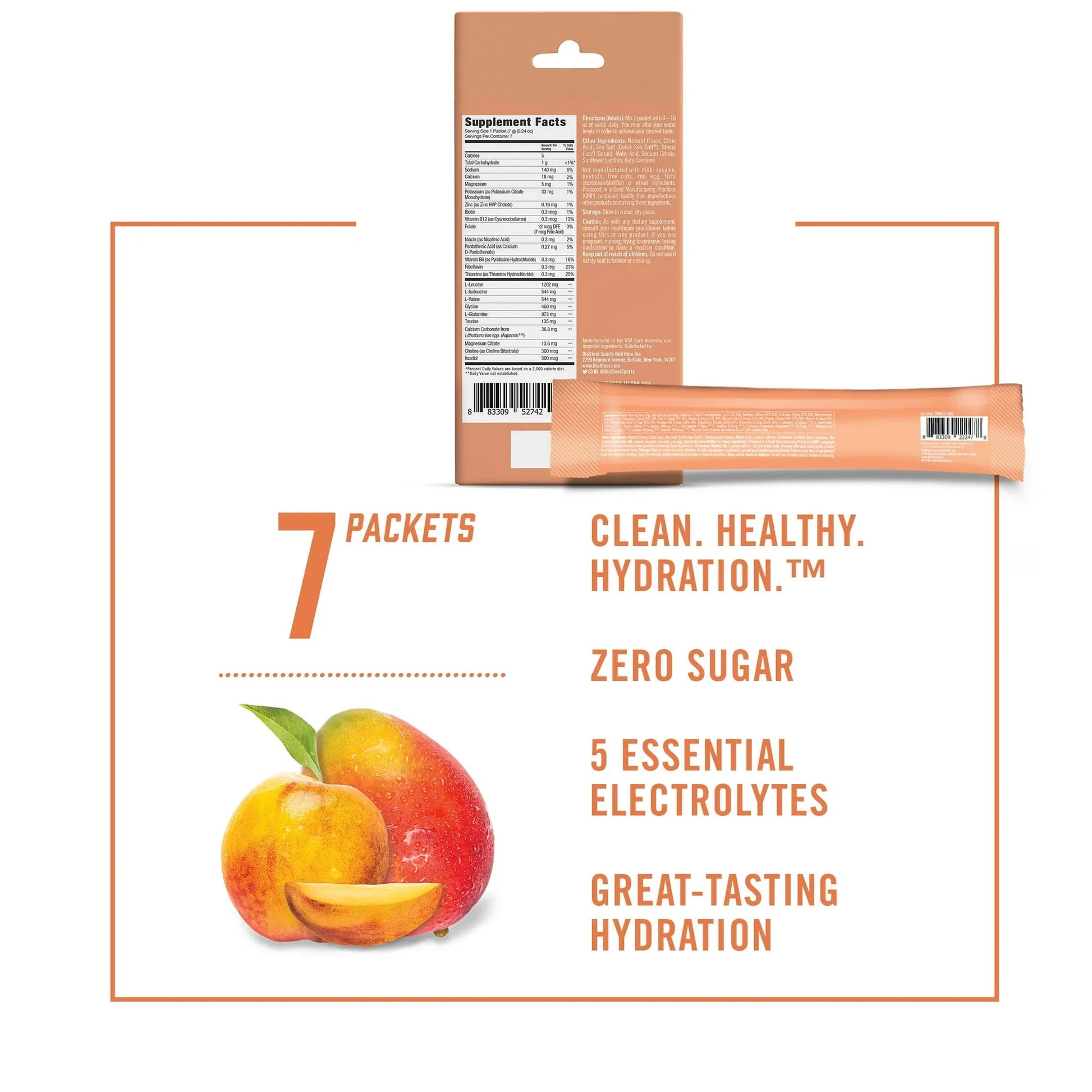 BioSteel Hydration Mix, Sugar-Free with Essential Electrolytes, Peach Mango, 7 Single Serving Packets - Exotic Pro