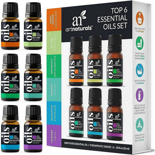 Artnaturals Aromatherapy Essential Oil Anti-Stress Support Gift Set Peppermint Tea Tree Lavender Eucalyptus (6 x 10ml) - Exotic Pro