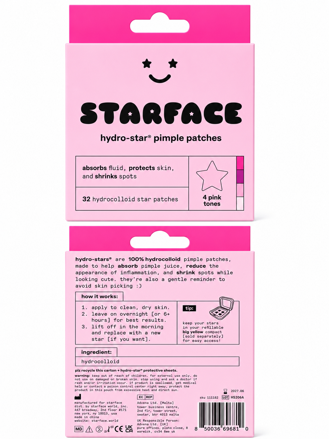 Starface Hydro-Stars Hydrocolloid Pimple Patches – Pink, 32 Ct