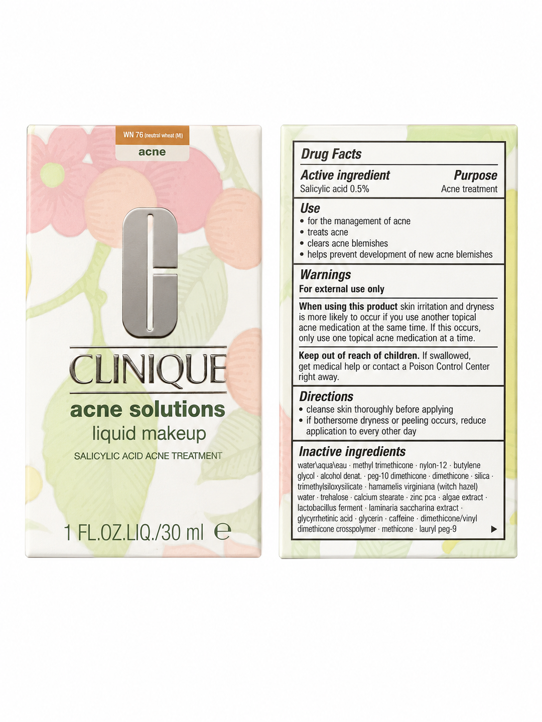 Clinique Acne Solutions Liquid Makeup WN 76 Toasted Wheat (M) 1oz - Salicylic Acid Formula