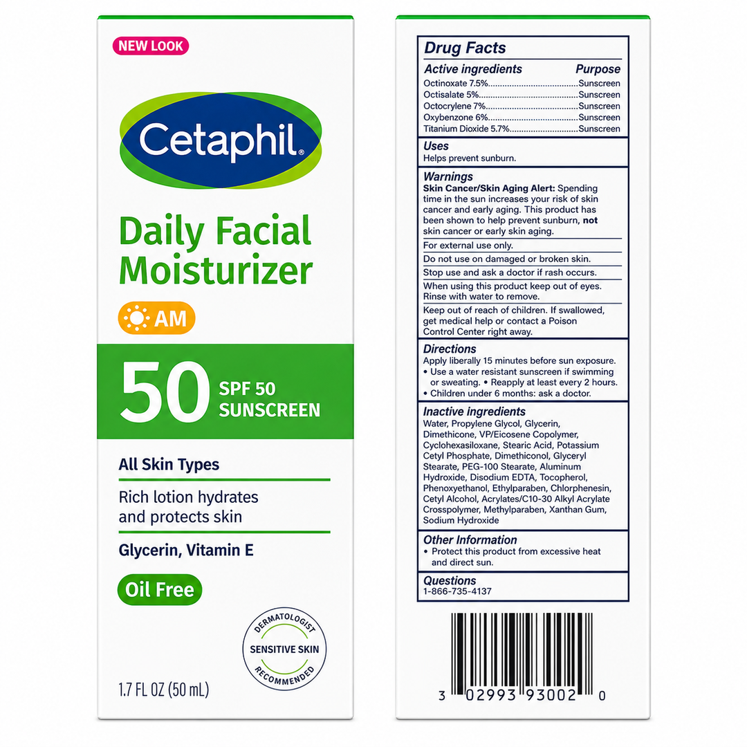 Cetaphil Daily Facial Moisturizer with SPF50, Fragrance & Oil Free, 1.7 oz