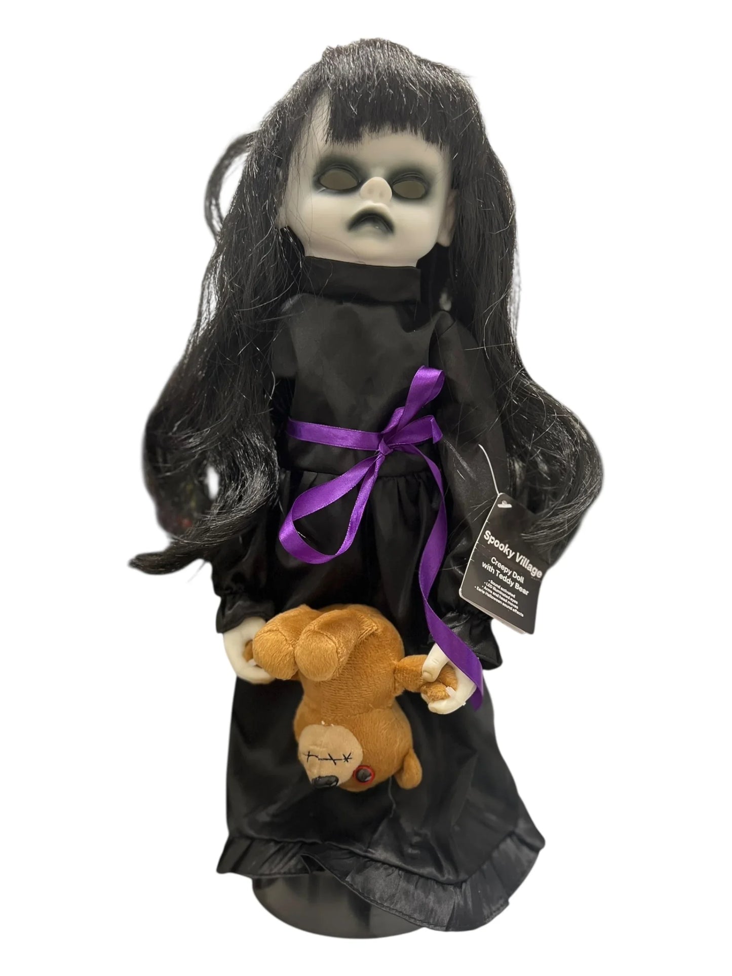 Spooky Village Sound-Activated Creepy Doll with Teddy Bear – Halloween Décor - Exotic Pro