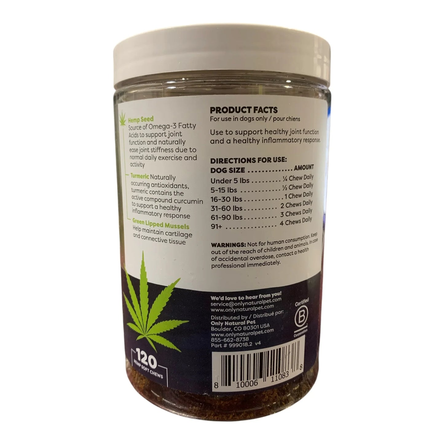 Only Natural Pet HEMP Hip & Joint Support, For Dogs 120ct, 14.8oz - Exotic Pro