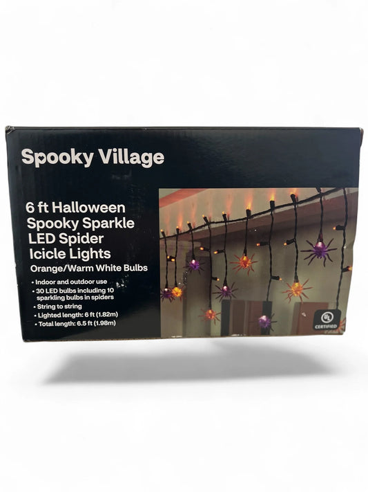 Spooky Village 6FT LED Spider Icicle Lights – White Bulbs Halloween Decor - Exotic Pro