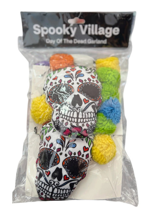 Spooky Village 6FT Day of the Dead Garland – Skulls & Pom Poms Décor - Exotic Pro