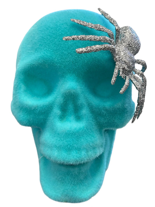 Spooky Village Flocked Skull with Glitter Spider – Halloween Decor, 8in - Exotic Pro