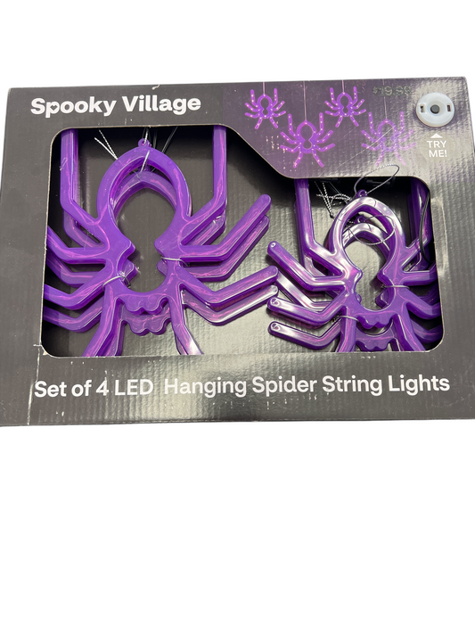 Purple LED Spider String Lights – 4 Count Hanging Halloween Decoration