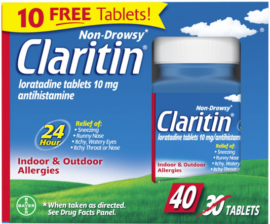 Claritin 24 Hour Non-Drowsy Allergy Relief Tablets, 10 mg, 40 Ct (30+10 Bonus)