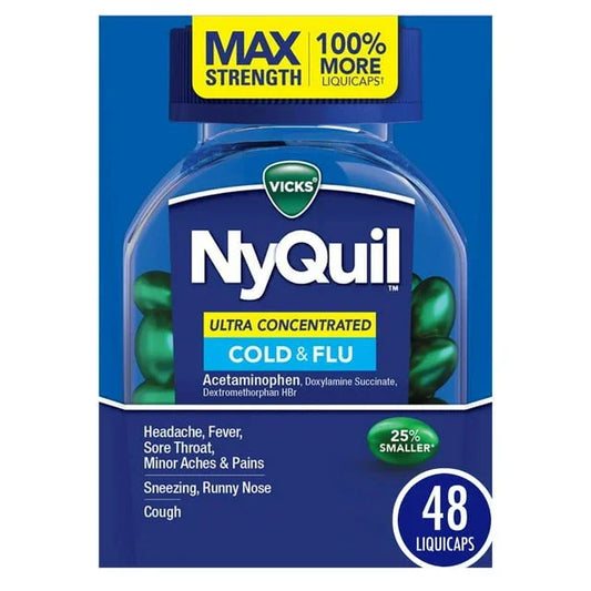 Vicks NyQuil Liquicaps Cold & Flu Relief, Ultra Concentrated Formula, 48 Ct - Exotic Pro
