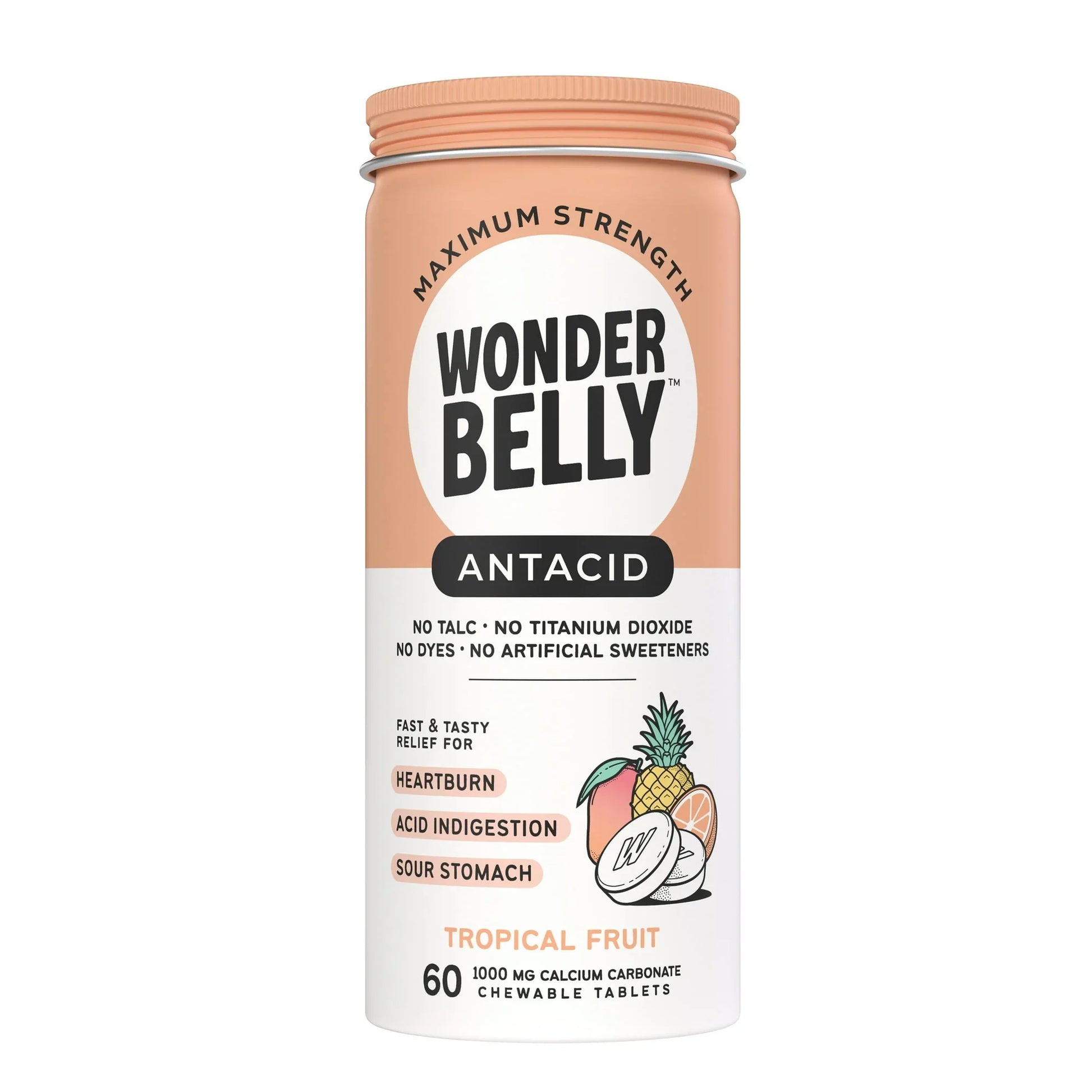 Wonderbelly Antacid Chewable Tablets – Heartburn Relief, Tropical Fruit, 60ct - Exotic Pro