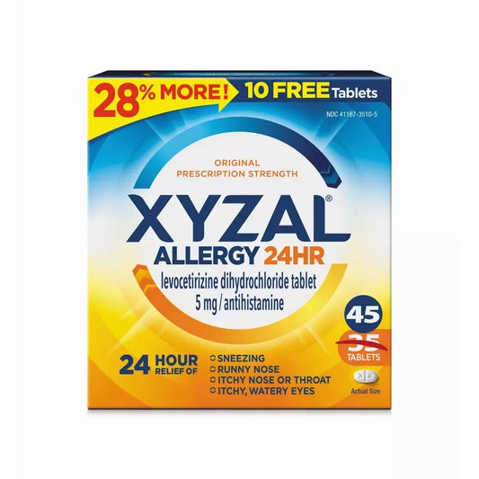 Xyzal 24-Hour Allergy Relief Tablets, 5mg Levocetirizine, 45 Ct (35+10 Bonus) - Exotic Pro