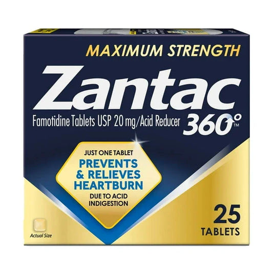 Zantac 360 Max Strength Famotidine 20mg – 25 Ct Acid Reducer Tablets - Exotic Pro