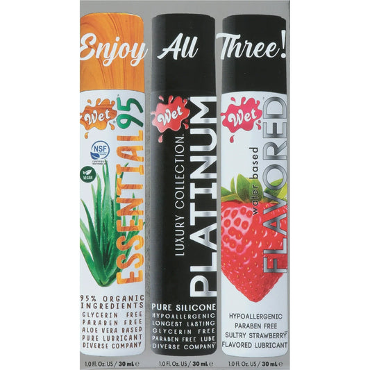 Wet Luxury Lube Sampler – Silicone, Water & Hybrid Lubes, 3-Pack (3 oz) - Exotic Pro