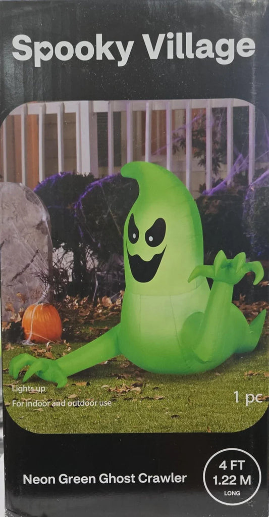 Spooky Village 4FT Neon Green Ghost Crawler Inflatable – Light-Up Halloween Decor - Exotic Pro