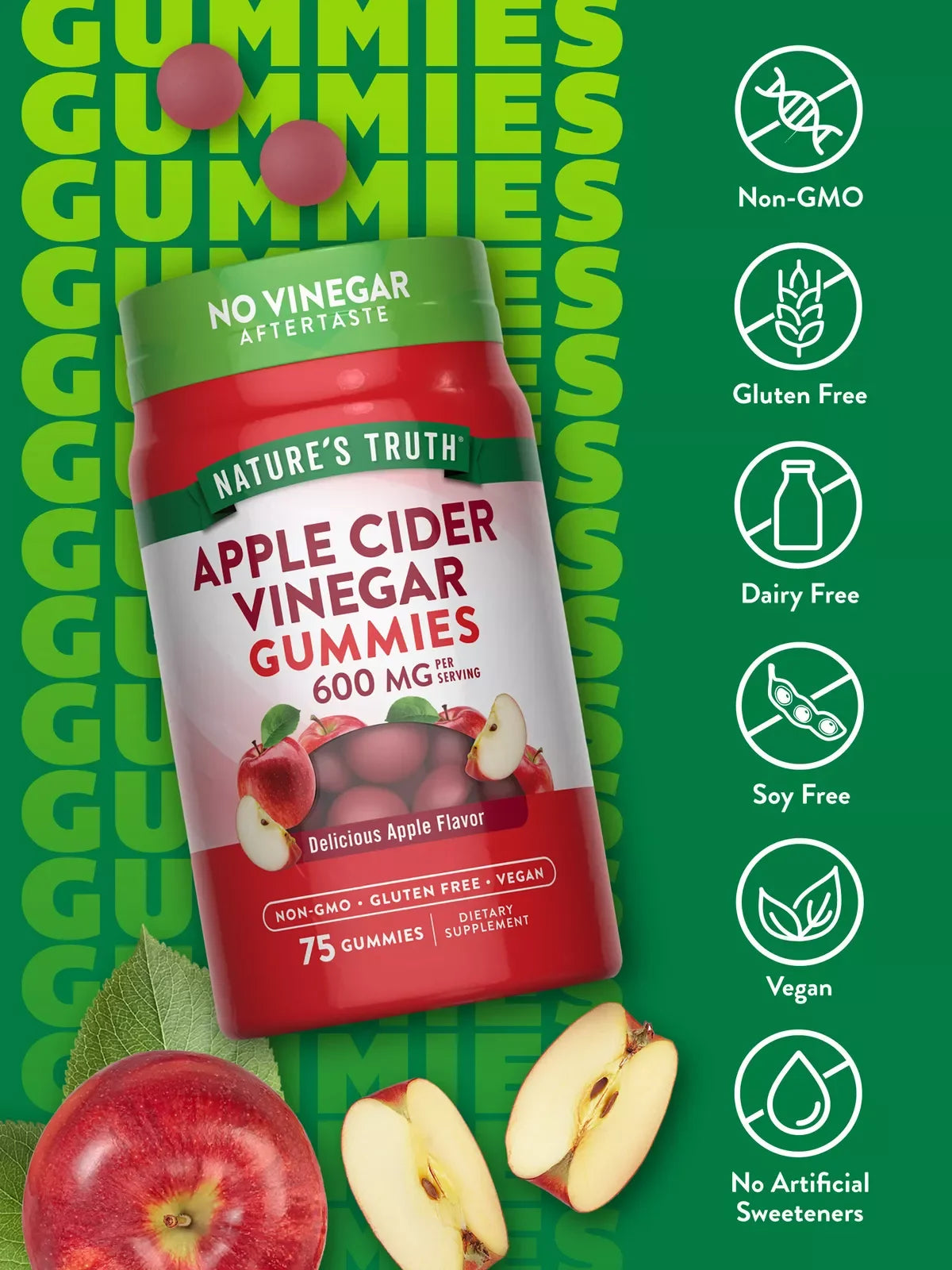 Apple Cider Vinegar Gummies | 600 mg | 75 Gummies | Apple Flavor | Vegan, Non-GMO, Gluten Free | by Nature's Truth - Exotic Pro