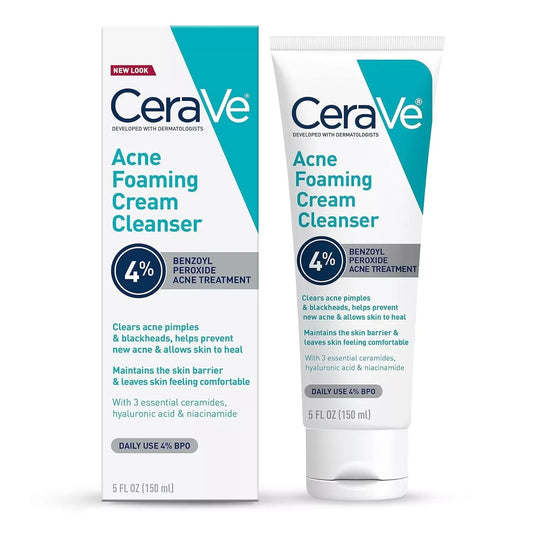 CeraVe Acne Foaming Cream Cleanser | Acne Treatment Face Wash with 4% Benzoyl Peroxide and Niacinamide | 5 fl oz - Exotic Pro
